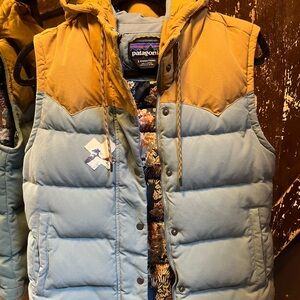 Patagonia Bivi Shadow Blue and Tan Puffer Hooded Vest